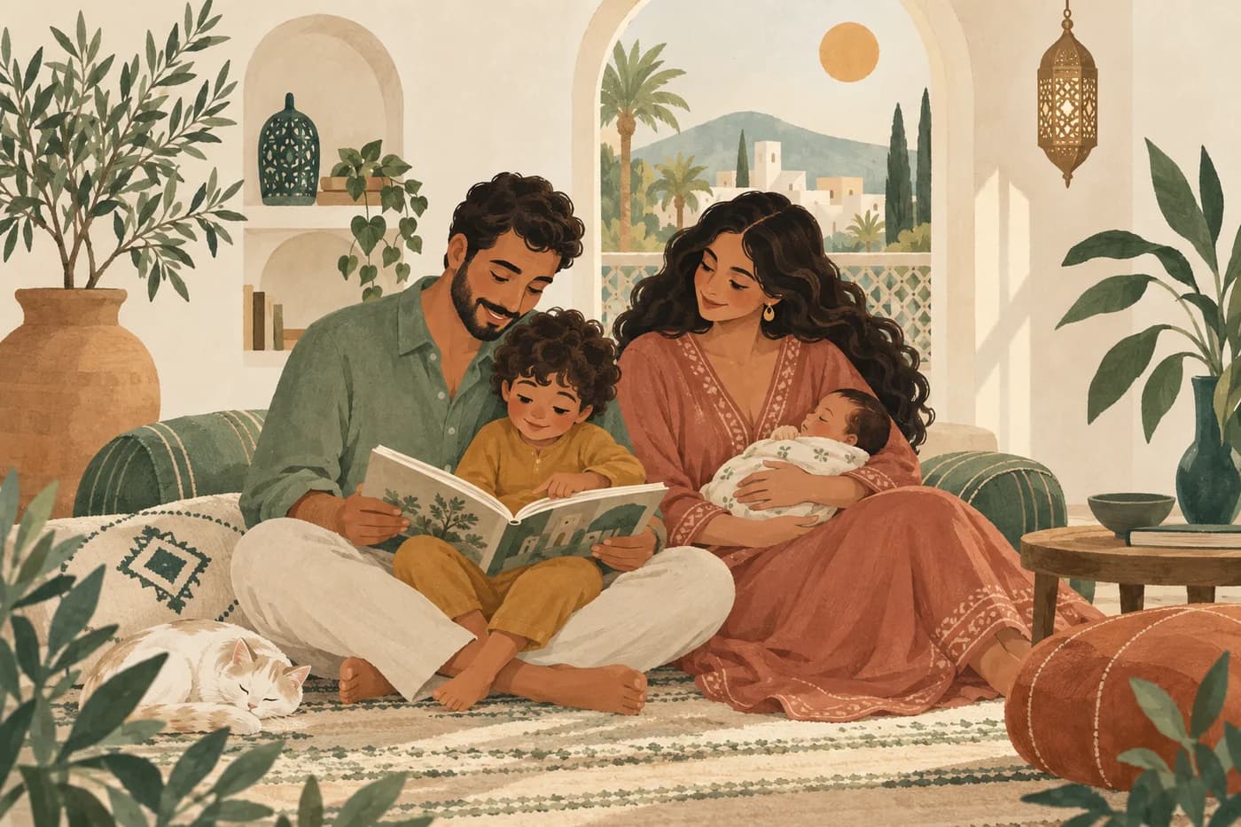 رسم لأب وأم وطفلين يقرؤون معًا في بيت دافئ